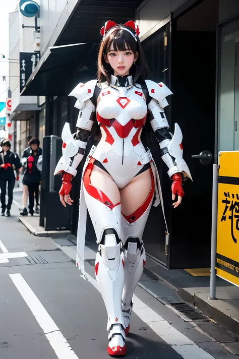 araffe dressed in a white and red costume walking down a street, cyber japan style armor, cyber japan armor, girl in mecha cyber armor, glossy white armor, mecha suit, full body mecha suit, anime mech armor, ferra white mecha, in white futuristic armor, wh...