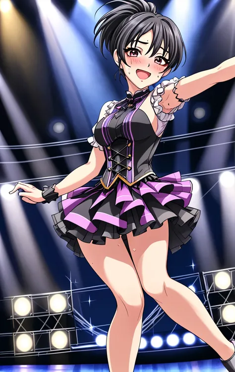 45 age 、mature woman、black hair、ponytail、Full body painting、 cute idol costume 、Wearing a short-sleeved miniskirt、Hair tied up、Dark Eyes、I'm sweating a lot、My face is sweaty 、My arms and legs are sweaty、is blushing、 very embarrassing pose 、 Very Embarrassi...