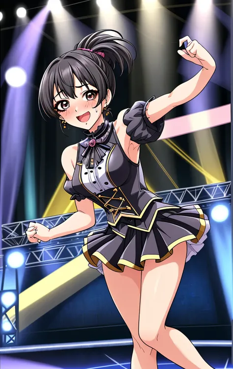 45 age 、mature woman、black hair、ponytail、Full body painting、 cute idol costume 、Wearing a short-sleeved miniskirt、Hair tied up、Dark Eyes、I'm sweating a lot、My face is sweaty 、My arms and legs are sweaty、is blushing、 very embarrassing pose 、 Very Embarrassi...