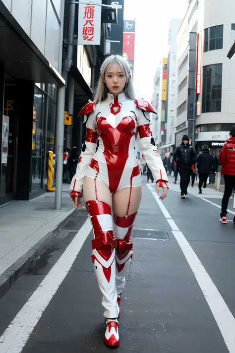 araffe dressed in a white and red costume walking down a street, cyber japan style armor, cyber japan armor, girl in mecha cyber armor, glossy white armor, mecha suit, full body mecha suit, anime mech armor, ferra white mecha, in white futuristic armor, wh...