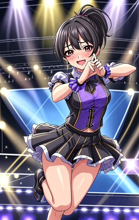 45 age 、mature woman、black hair、ponytail、Full body painting、 cute idol costume 、Wearing a short-sleeved miniskirt、Hair tied up、Dark Eyes、I'm sweating a lot、My face is sweaty 、My arms and legs are sweaty、is blushing、 very embarrassing pose 、 Very Embarrassi...
