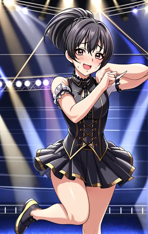 45 age 、mature woman、black hair、ponytail、Full body painting、 cute idol costume 、Wearing a short-sleeved miniskirt、Hair tied up、Dark Eyes、I'm sweating a lot、My face is sweaty 、My arms and legs are sweaty、is blushing、 very embarrassing pose 、 Very Embarrassi...
