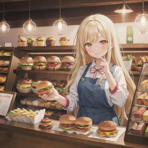 She is a cheerful girl working behind the counter at a cozy burger shop. She is wearing a cute burger shop uniform and smiling warmly at the customers. The background shows a bright and clean fast food counter with menu boards. Long hair, blonde hair, gold...