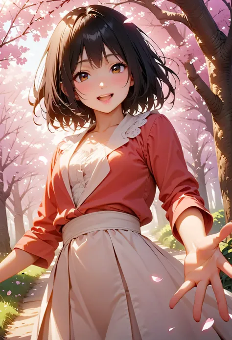 (top quality:1.2, 非常にdetailsな, Latest, lively, top quality, Best Aesthetics), 8K Ultra HD, 非常にdetailsな, perfect details, details, Bold composition, bright, Cherry Blossom Forest, cherry blossoms in full bloom, sunlight filtering through the trees, Cherry ...