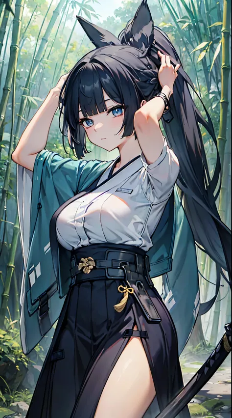 top grade 、、(Whitening skin)、black hair、ponytail,LONG HAIR、blue eyes、Petite、slender、 kimono、Hakama, Japanese sword,Swinging、Big Breasts、、、bamboo forest、,