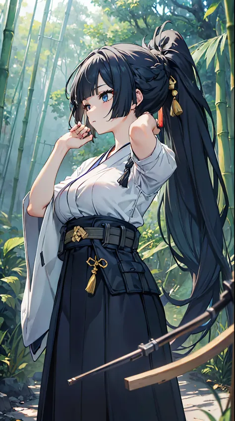 top grade 、、(Whitening skin)、black hair、ponytail,LONG HAIR、blue eyes、Petite、slender、 kimono、Hakama, Japanese sword,Swinging、Big Breasts、、、bamboo forest、,