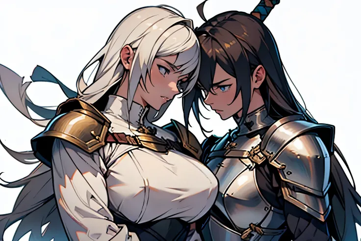 A group of female knight, (White background), Mr.々Hair style, Wearing armor, metal armor, Detailed aspect, Taunt, sword, No sleeve