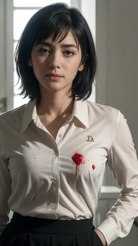 (masterpiece), best quality, expressive eyes, perfect face, himeno, chainsawman, Aqua eyes, short black hair, Greek Greece woman, nosebleed, wound, investigation background, thighs, depression face begging, slim, sweat, HD, CIA, white bra, high libido, ope...