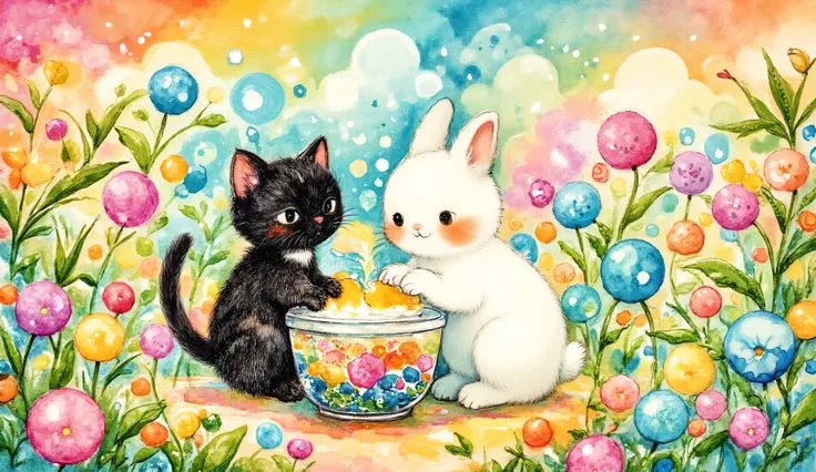 illustration, kwai, chibi, a black cat and a white rabbit  playing together in a garden, neon colors, volumetric lights, high contrast.