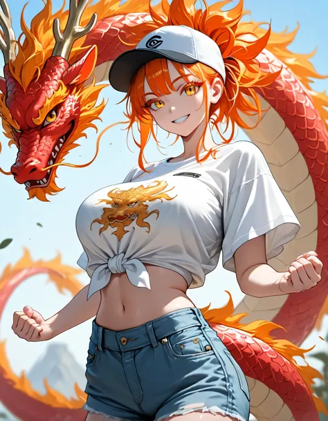 1girl, golden eyes, sorounded by Chinese dragon,Colored eyelashes ,long eyelashes, Chinese Style,big chest, stylish, crop top,mini jeans,(Shirt tied at the waist), baseball hat, dynamic pose,long orange hair,(tattos:0.8), dragon flower tattos, smile, maste...