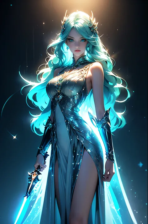 ((Holding a shining dagger))..(fine art, super high quality photos, CGI effects, Lighting Effects, shading effects), Beautiful women, green eyes..4k.. ((long wave ice blue hair)) , white dress .Long eyelashes.super sages....hair accessories..InvincibleAll...