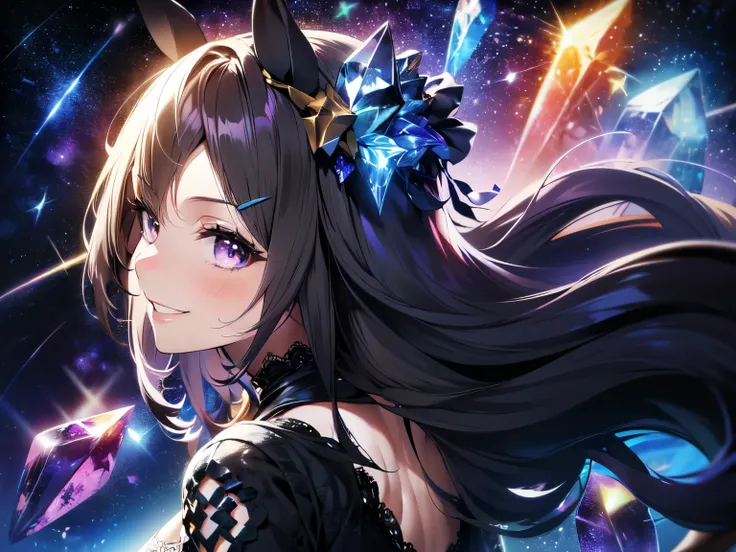 (Solo: 1.5), (Small: 1.5), (Horse ears: 1.5), (Small face, chubby, big breasts: 1.5), (Breasts visible through clothes),(Looking at camera), (Arms between legs: 1.5), (Turning away: 1.5), (Smiling: 1.5), (Long black hair: 1.5), (Blue lace long sleeve dress...