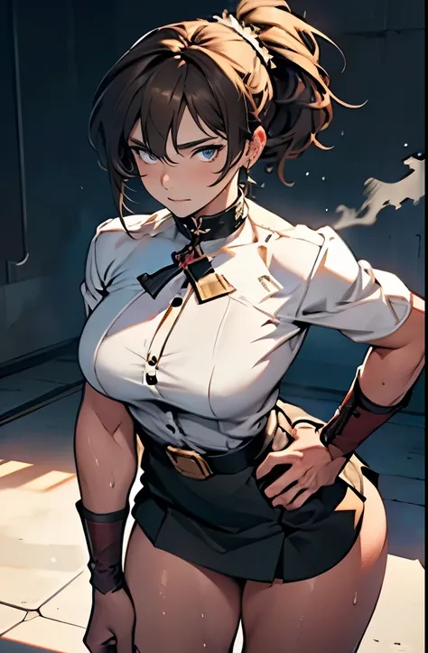 (Highly detailed CG Unity 8k wallpaper), (Masterpiece), (Highest quality), (Super detailed), (Best illustration), (Best shadow), (Absurd), 20 years old, Shy, Embarrassing, Sweat, steam, looking at the viewer, girl, ponytail, brown hair, white blouse, black...