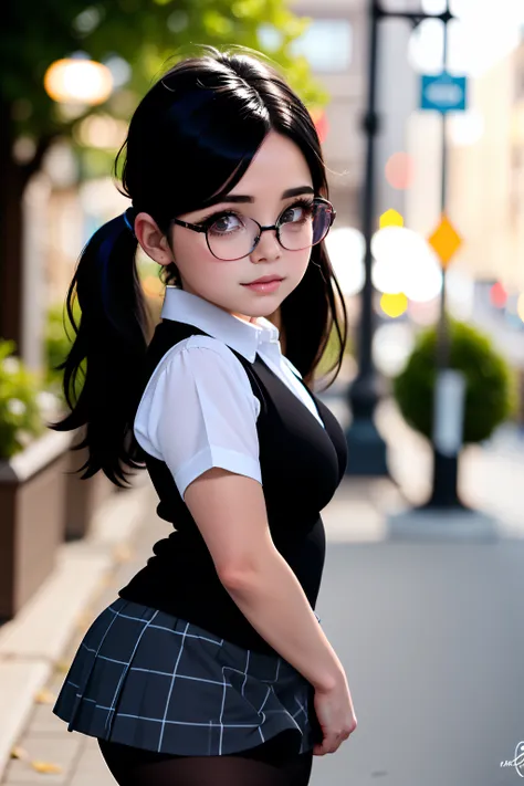 masterpiece, high quality, realistic, detailed, Tootie(FOP), black hair, long hair, twintails, glasses, catholic , white collared shirt, short sleeves, cleavage, grey plaid mini skirt, cowboy shot, looking at viewer, bokeh, blurry, perfect lighting, black ...