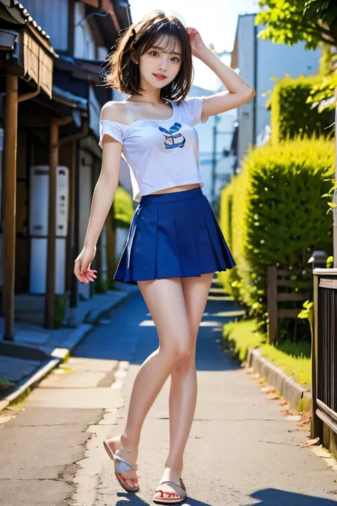 Real Photos、Vertical Portrait、cute Japanese girl、natural smile、Miniskirt、Whole body to toes、Pose、 shoulder t-shirt 、Petit pla code、Summer outfit、high school girl、Xiaoyan、skeletal wave、GU、 pants、skirt flip、Breast flash、