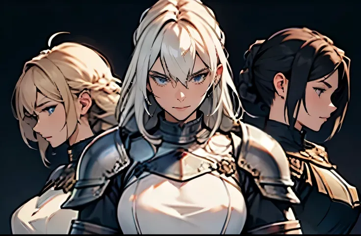 A group of female knight, White background, Mr.々Hair style, Wearing armor, metal armor, Detailed aspect, sword,