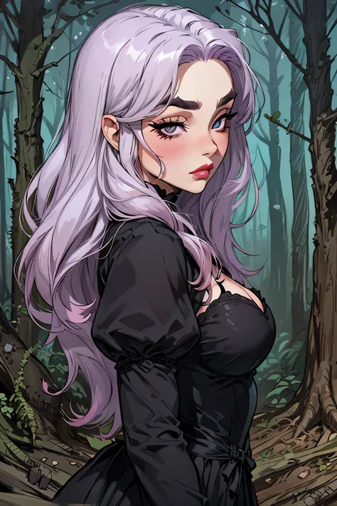 Dead Forest, Forest, Trees, 1Girl, Perfect Body, Beautiful Girl, Light Purple Hair, Long Hair, Purple Eyebrows, Natural Eyebrows, Black Eyeliners, Big Eyes, Black Eyes, Pink Blush, Nose, Red Lipstick, Thick Lipstick, Closed Mouth, Black Victorian Dress, Me...