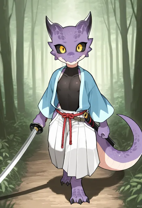soft shading, 4k, hi res, detailed face, detailed, best quality, masterpiece, detailed anatomy, detailed eyes, perfect shading, by K0BIT0WANI, by Kiyosan, solo male, Kobold, black sclera, yellow eyes, tail, femboy body, purple scales, blue haori, black leo...