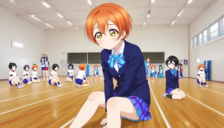 1girl,unwellness hoshizora rin, striped, short hair, blush, otonokizaka school uniform, lovelive_rin black blazer, blue plaid skirt, blue stripe bowtie, orange hair, very short hair, hair between eyes, yellow green eyes,sitting on the floor grasping one's ...