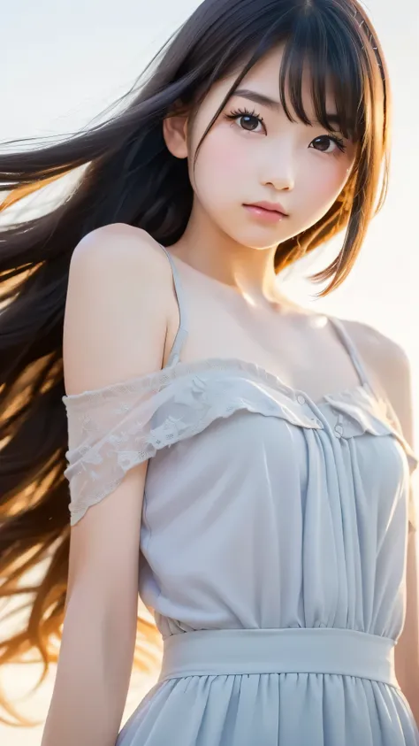 (Image from chest up:1.4)((masterpiece:1.5,Highest quality,Beautiful images, 2.5D, Abstract, Artistic, Portraiture))(One girl, solo)(Cute Girls, Gray Hair, short hair, Beautiful breasts, Off-the-shoulder outfit)(profile, Look at an angle, shake your head, ...