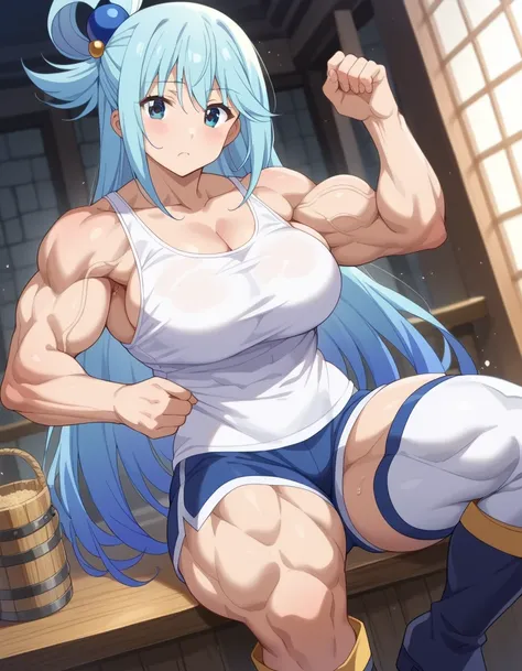score 9 、score 8 up、score 7 up、source anime、masterpiece、best quality、high resolution、1woman、konosubaaqua、、aqua \(konosuba\)、Blue Hair、very long hair、blue eyes、hair ornament、single hair ring、hair bobbles、(Pure white tank top:1.5)、collarbone、trapezius、deltoi...