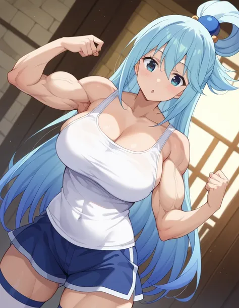 score 9 、score 8 up、score 7 up、source anime、masterpiece、best quality、high resolution、1woman、konosubaaqua、、aqua \(konosuba\)、Blue Hair、very long hair、blue eyes、hair ornament、single hair ring、hair bobbles、(Pure white tank top:1.5)、collarbone、trapezius、deltoi...