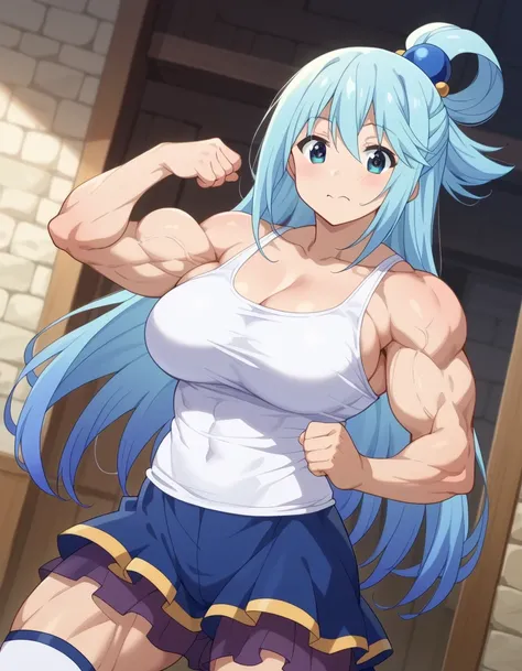 score 9 、score 8 up、score 7 up、source anime、masterpiece、best quality、high resolution、1woman、konosubaaqua、、aqua \(konosuba\)、Blue Hair、very long hair、blue eyes、hair ornament、single hair ring、hair bobbles、(Pure white tank top:1.5)、collarbone、trapezius、deltoi...