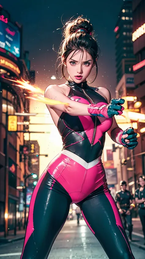 Solo, A brave and courageous image of a 6 member ranger team, Each one is decorated in vibrant colors such as:: ((Pink)), red is front of center, violet, Green, yellow, blue black, white,. Dynamic poses in a background that exudes energy and courage, neon,...
