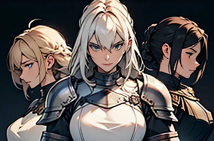 A group of female knight, White background, Mr.々Hair style, Wearing armor, metal armor, Detailed aspect, sword,