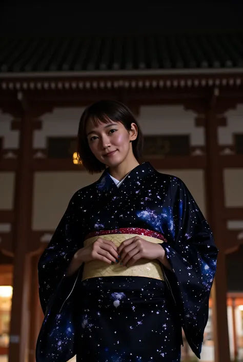 Japanese kimono with space pattern、Kyoto temple、It's a black kimono、Patterned stars々is shining、The Milky Way can also be seen 。Women have pretty big breasts compared to normal。The chest is completely covered。It's night but the kimono is shining。Women are s...