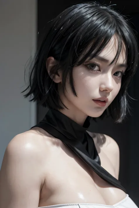 Fubuki from opm, realistic, age 28, pure white skin, black blindfold, white bob hair, black and white maid dress, perfect face, perfect shape body, huge breasts, clothes covered upper body, 3d, front side pose, NSFW