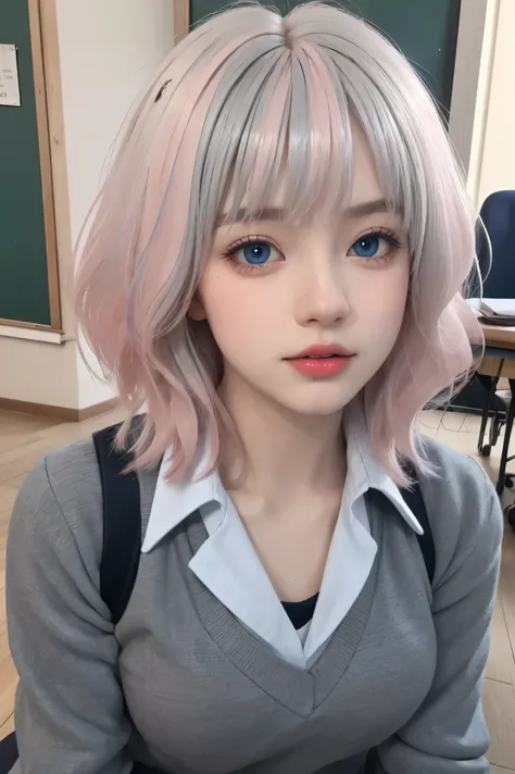 ( masterpiece), (high quality), ( 8k resolution), (Original Photo), (best quality), ( masterpiece:1.5), (realistic:1.5), ((photo realistic)), Vivid details, hyper realistic,1 Girl, (cute:1.2), beautiful, high quality和细致的脸, perfect face, (Gray hair and ligh...