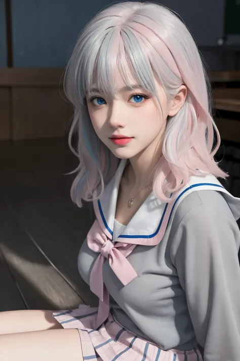( masterpiece), (high quality), ( 8k resolution), (Original Photo), (best quality), ( masterpiece:1.5), (realistic:1.5), ((photo realistic)), Vivid details, hyper realistic,1 Girl, (cute:1.2), beautiful, high quality和细致的脸, perfect face, (Gray hair and ligh...