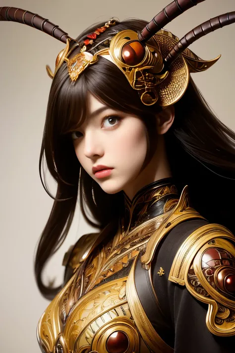 (High quality) , (masterpiece) , (detailed) , 8K , Hyper-realistic illustration of a girl with distinct Japanese features , wearing an intricate cockroach-inspired attire . The upper body portrait showcases the unique fusion of insect characteristics with ...