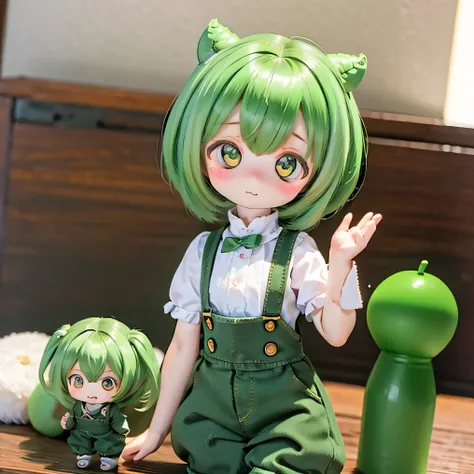 cute green-haired zundamon in playful pose, ( chibi), Detailed Character Designs , intricate details , surreal , photorealistic , 8k, masterpiece , is high resolution, br...