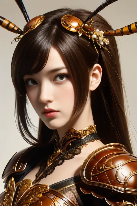 (High quality) , (masterpiece) , (detailed) , 8K , Hyper-realistic illustration of a girl with distinct Japanese features , wearing an intricate cockroach-inspired attire . The upper body portrait showcases the unique fusion of insect characteristics with ...