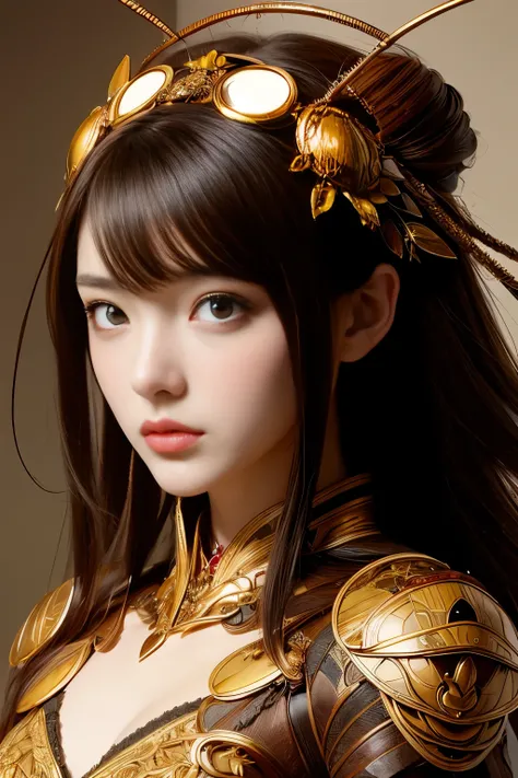 (High quality) , (masterpiece) , (detailed) , 8K , Hyper-realistic illustration of a girl with distinct Japanese features , wearing an intricate cockroach-inspired attire . The upper body portrait showcases the unique fusion of insect characteristics with ...