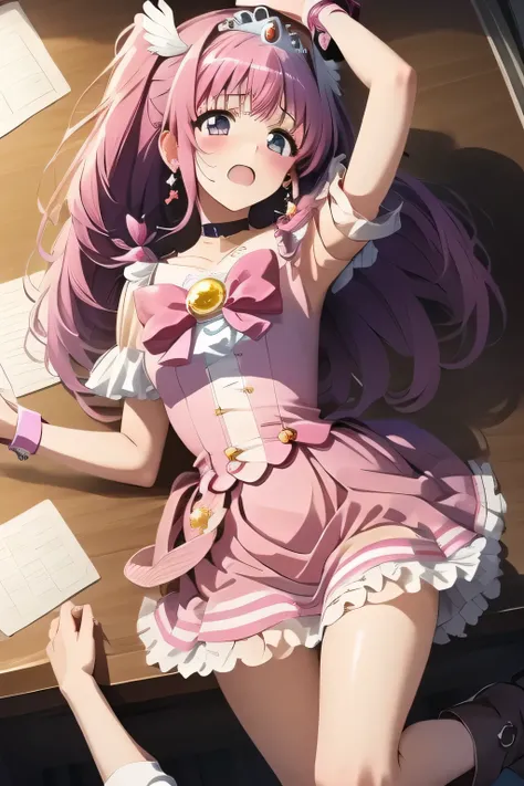 ( manga 、anime、story)、( masterpiece 、 best quality、 ultra high resolution )、( close 、 facial beauty、 Beautiful Eyes )、( shout、 resists 、 is embarrassing )、sweat 、 table that irritates my hips with my hands、(feather hair ornament, tiara, pink choker, cu...