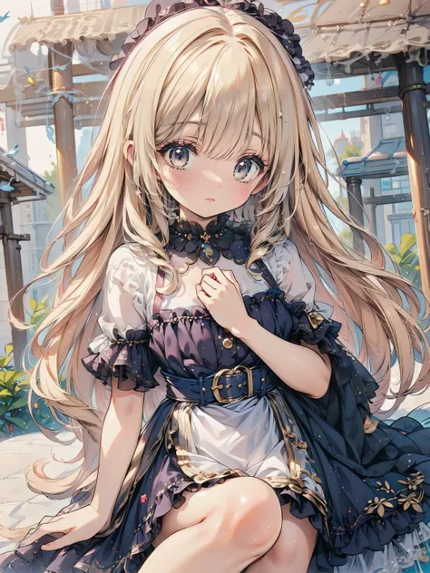 Dots are、明るいピンクの頬、she has golden blonde hair with wavy bangs.、she'dark-skinned girl, she is wearing a bright red headband with a ribbon on the right side of her head.. Dots are、she wears a shiny pastel blue and scarlet red dress with a small ribbon bel...