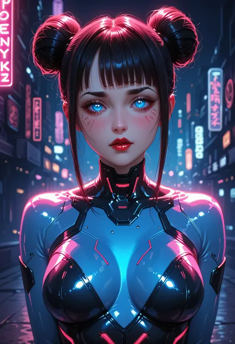 neon light in city, black bun kont top, black thin eyebrows, big glowing blue eyes, pink blush, bright red thick lipstick, perfect face, beautiful woman, medium breasts, (detailed eyes), ((cyberpunk)), neon light bodysuit