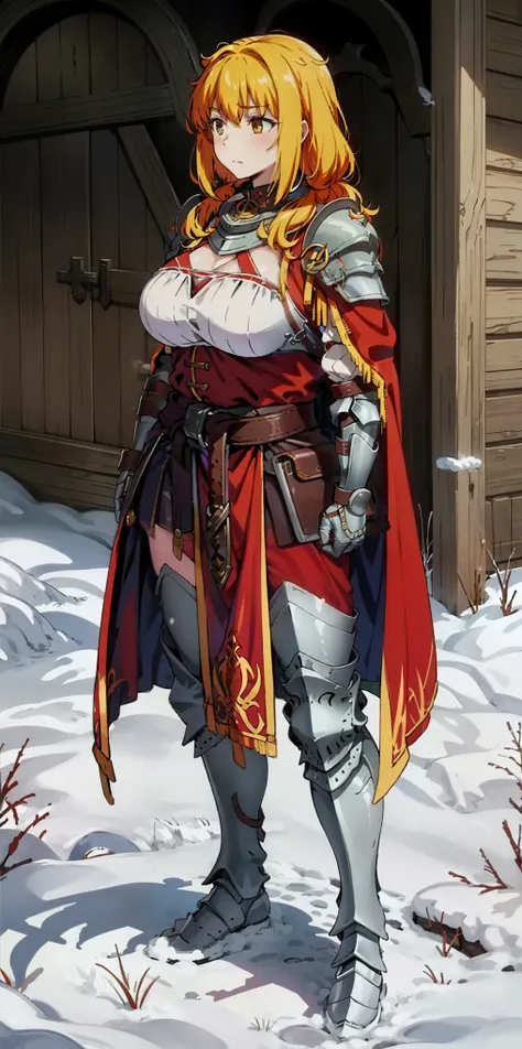 full body standing straight symmetrical, female warrior princess, big belt around waist, hair, very white skin like snow, wearing full heavy armor red cape, brown leather boots, adventurer outfit, veteran warrior