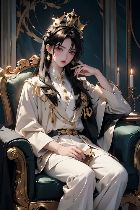 Create a 20 age Christmas royal king sitting in a golden chair wearing royal white with silk red and yellow with silk green and with crown