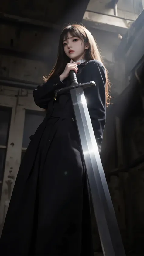 anime style,to show a girl wearing a Japanese anime from the bottom up,has a serious expression,The right arm is straightened,holding a huge, large, and straight blade with the right hand against the camera,The camera is shot upwards in the middle of the b...