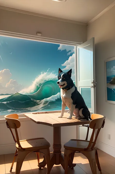 2 colorful stained glass artwork, Brilliant Ocean Waves, Big Breaking Waves, Artistic Sun and Clouds, Bright Blue and Yellow, dynamic motion, Modern Indoor Setting, Fancy Paneling, wooden table, Small Potted Plants in a Gold Vase, natural light, calm artis...