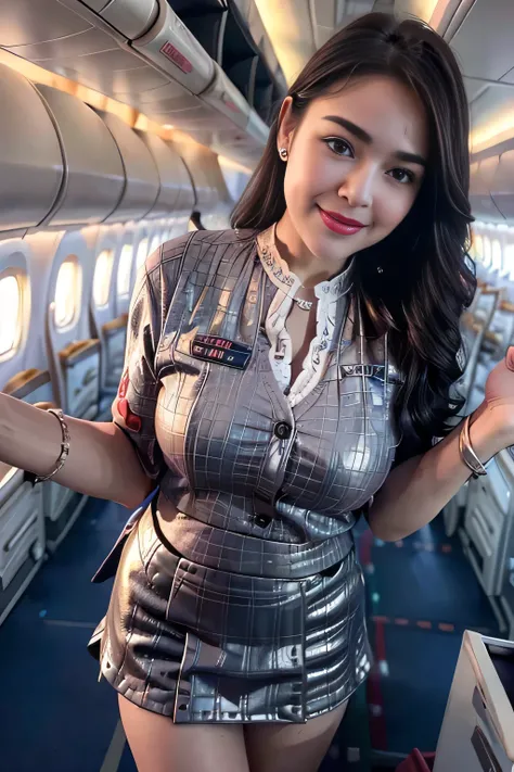 beautiful woman, 28 years、hyperdetailed face、Detailed lips、A detailed eye、double eyelid、(Smiling while walking gracefully down the aisle)、(Stewardess uniform:1.2)、((mini skirt:1.5)) (Glamorous body)、(Colossal )、（large full breasts）（big butts）（Plump body）（p...