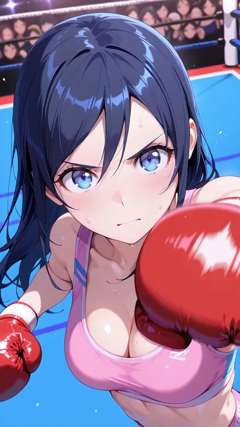 ayase aragaki, (punching at viewer:1.3), long hair, blue eyes, black hair, pink  sports bra, pink sports very short spats, boxing gloves, bare thigh, cleavage, medium breast, Perfect body, detailed eyes, detailed face, glaring, looking at viewer, (portrait...