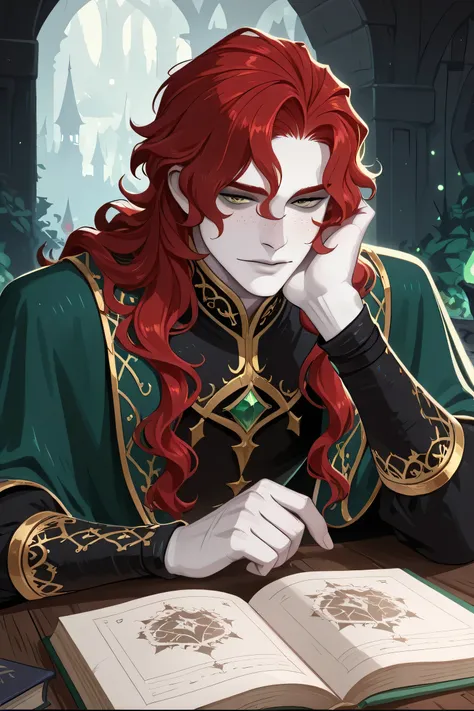 line-art, art book, best quality, 1 boy, royal boy, dead boy, pale skin, long wavy hair, red hair, green eyes, freckles, fantasy clothes
