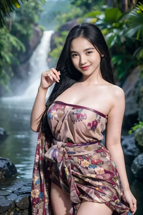 Cute girl wearing sarong dress with seducing pose, big smile, happy, bustling, ((whole body)) turning away facial at viewer, closeup, heavy mountains, misty, fog, woman standing in the waterfall, wet body, wet clothes, wet skin, beauty skin, huge breast:1....