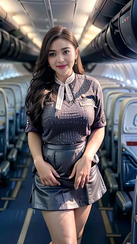 beautiful woman, 28 years、hyperdetailed face、Detailed lips、A detailed eye、double eyelid、(Smiling while walking gracefully down the aisle)、(Stewardess uniform:1.2)、((mini skirt:1.5)) (Glamorous body)、(Colossal )、（large full breasts）（big butts）（Plump body）（p...