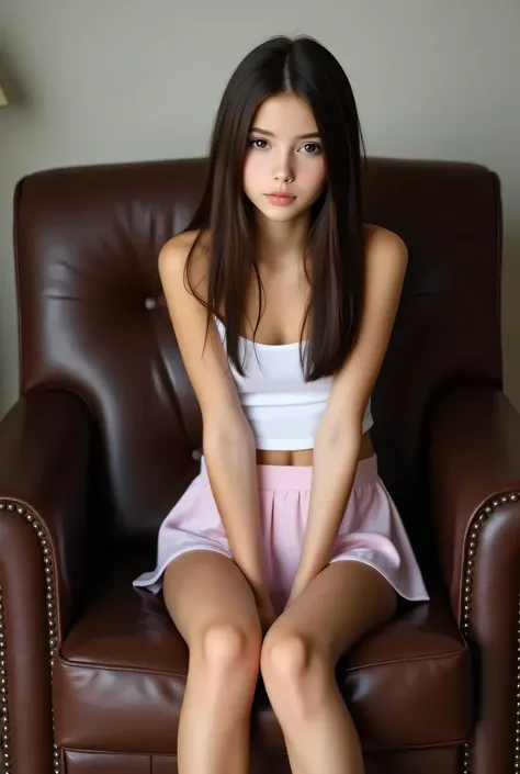 1 very young short skinny girl, white skin, very slim tight skinny super model bod, brunette, wearing tight short top and short skirt, (age 12), stomach visible, legs very thin, sitting on couch in office, round face, small chest, show legs, show whole bod...